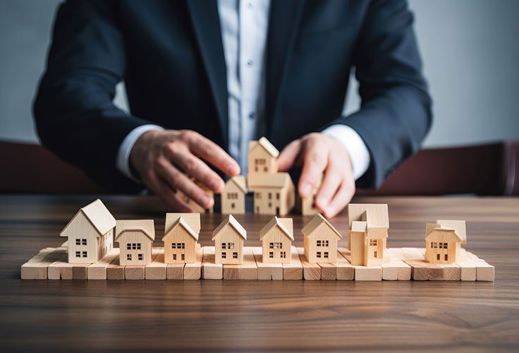 Makler arbeitet mit Holzhäusern und zur Smybolisierung einer Situationsanalyse