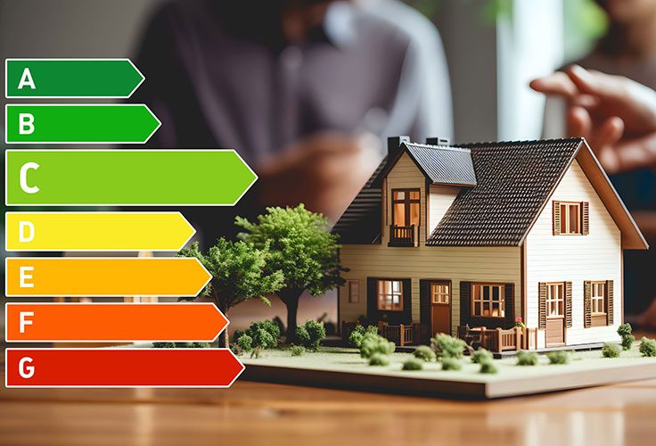 Modellhaus und Farbskalen der Energieeffizienzklassen