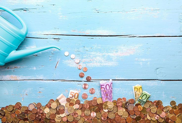 Giesskanne giesst Münzen und Scheine als Symbol für Analgemöglichkeiten und Investments