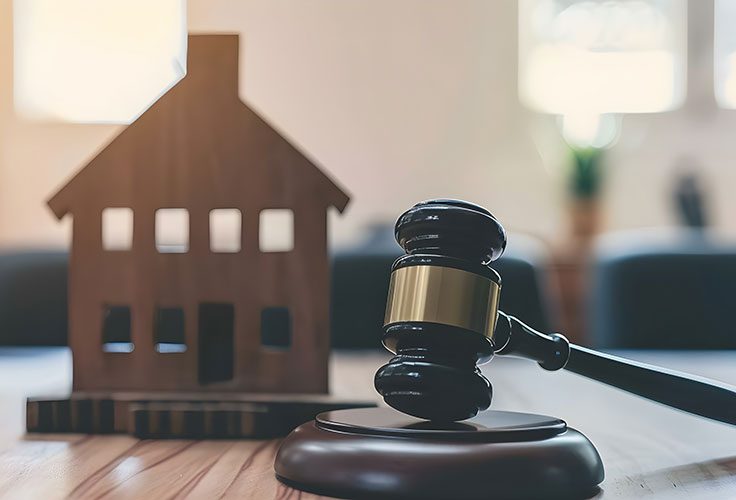 Richterhammer und Modellhaus als Symbol für das Bieterverfahren bei Immobilien