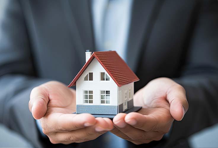 Person hält ein Modellhaus in den Händen und überlegt, ob er die Immobilie verschenken oder verkaufen soll