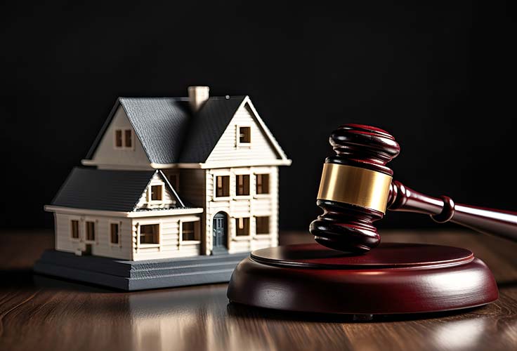 Modellhaus und Richterhammer als Symbol für die Zwangsversteigerung von Immobilien